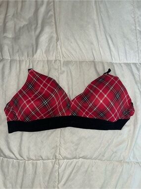 PINK Victoria's Secret Red Plaid Wireless Bralette with Black Band